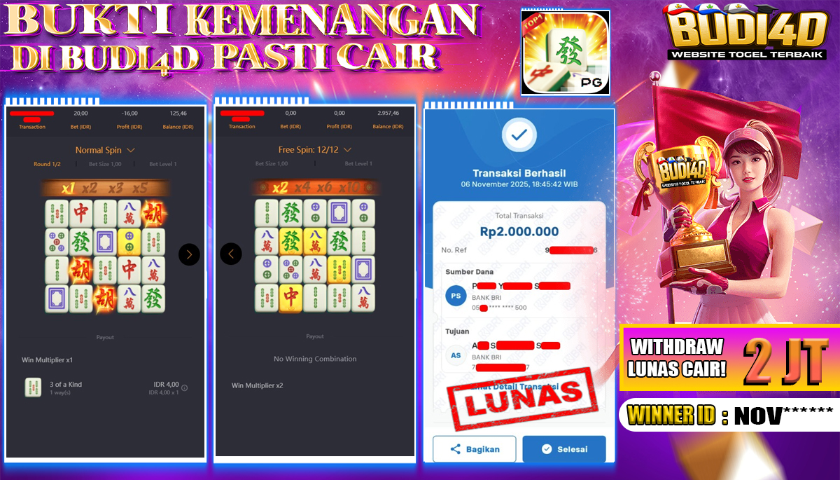 BUDI4D JACKPOT USER ID : NOV**** SLOT PGSOFT ( Mahjong Ways ) Rp.2.000.000,- LUNAS
